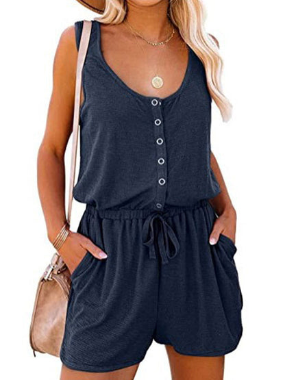 Rompers- Solid Tank Romper with Wide-Leg Shorts- Navy blue- IndioGear Fashion and Gear