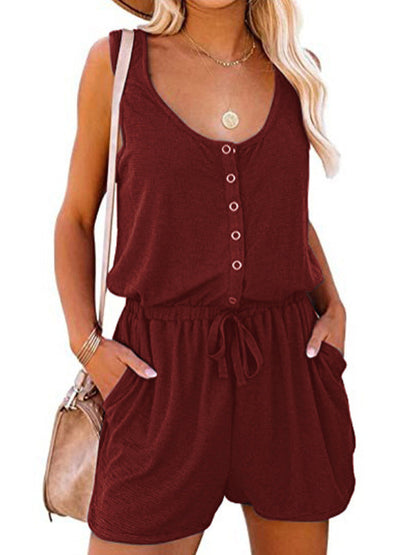 Rompers- Solid Tank Romper with Wide-Leg Shorts- Wine Red- IndioGear Fashion and Gear