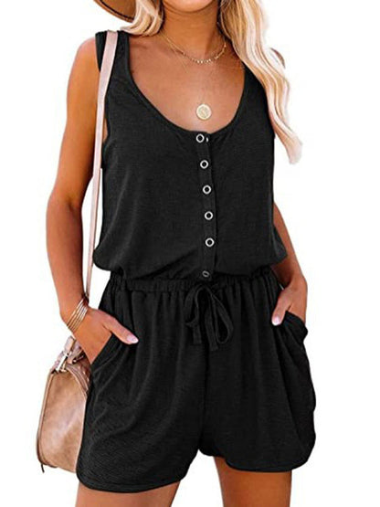 Rompers- Solid Tank Romper with Wide-Leg Shorts- Black- IndioGear Fashion and Gear