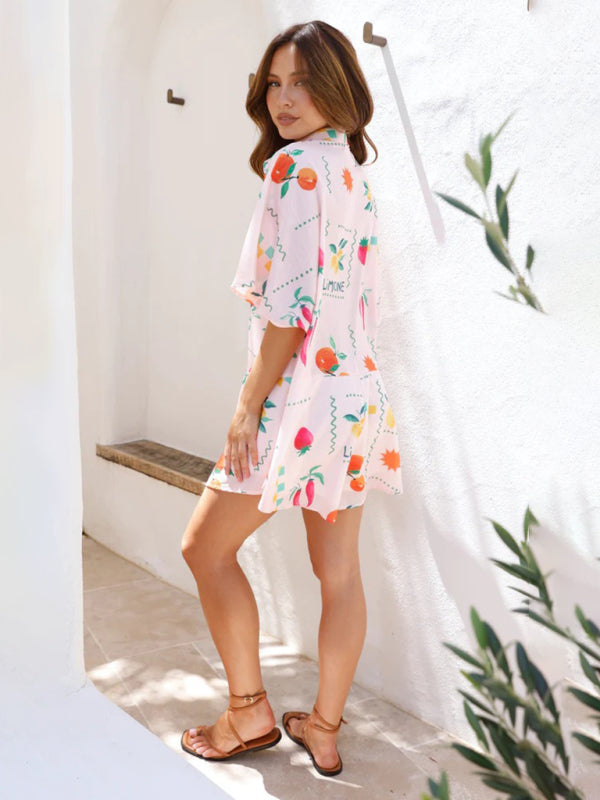 Rompers- Summer Flowy Short Playsuit - Printed Wide-Leg Shirt Romper- - IndioGear Fashion and Gear