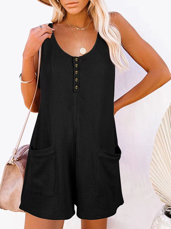 Rompers- Textured Flowy Sleeveless Romper with Pockets - Short Playsuit- Black- IndioGear Fashion and Gear