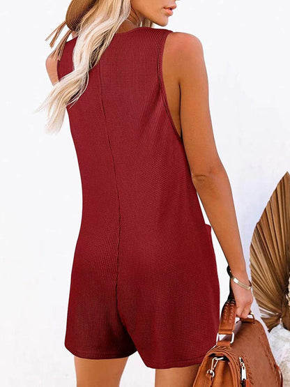 Rompers- Textured Flowy Sleeveless Romper with Pockets - Short Playsuit- - IndioGear Fashion and Gear