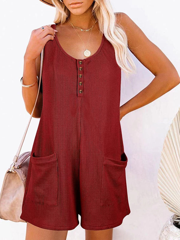 Rompers- Textured Flowy Sleeveless Romper with Pockets - Short Playsuit- Wine Red- IndioGear Fashion and Gear