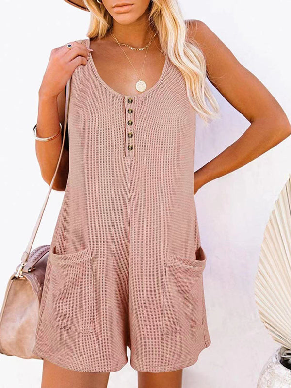 Rompers- Textured Flowy Sleeveless Romper with Pockets - Short Playsuit- Pink- IndioGear Fashion and Gear