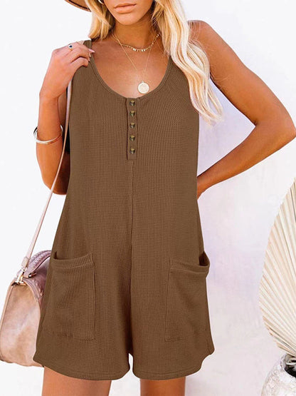 Rompers- Textured Flowy Sleeveless Romper with Pockets - Short Playsuit- Coffee- IndioGear Fashion and Gear