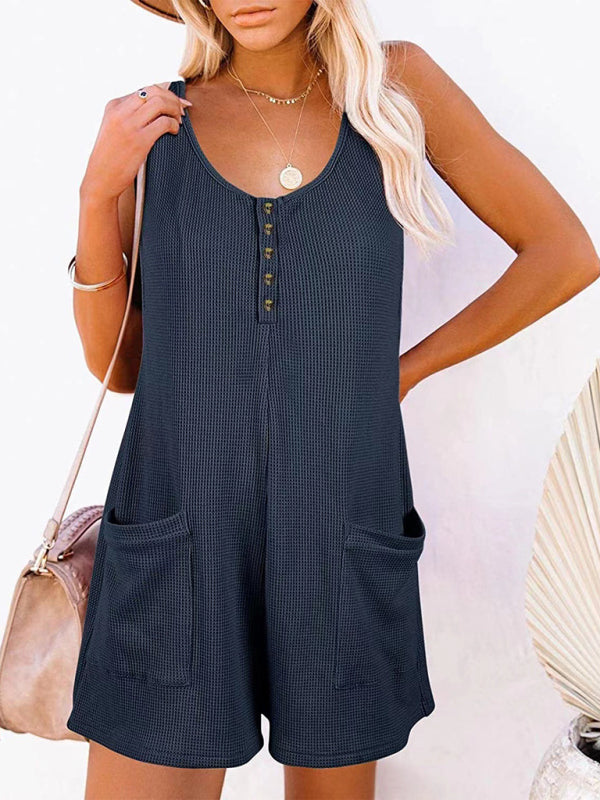 Rompers- Textured Flowy Sleeveless Romper with Pockets - Short Playsuit- Champlain color- IndioGear Fashion and Gear