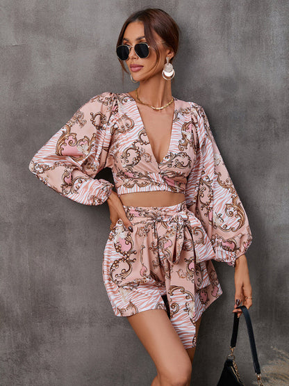 Rompers- V-Neck Jumpsuit with Long Sleeves and Shorts for Women - Romper- - IndioGear Fashion and Gear