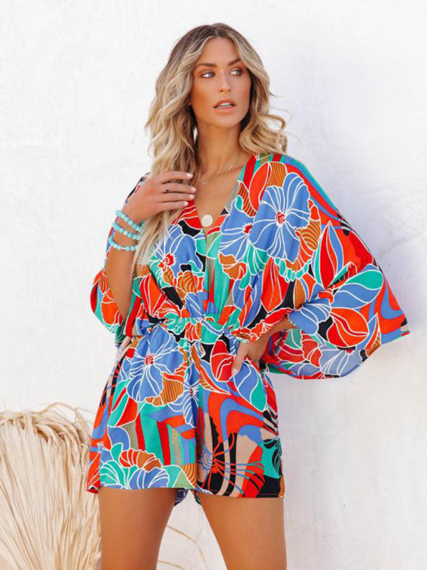 Rompers- Versatile Women's Kimono Romper: Comfortable Jumper Fit, Vibrant Print- Blue- IndioGear Fashion and Gear