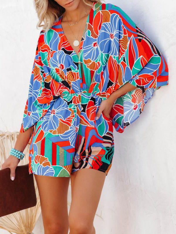 Rompers- Versatile Women's Kimono Romper: Comfortable Jumper Fit, Vibrant Print- - IndioGear Fashion and Gear