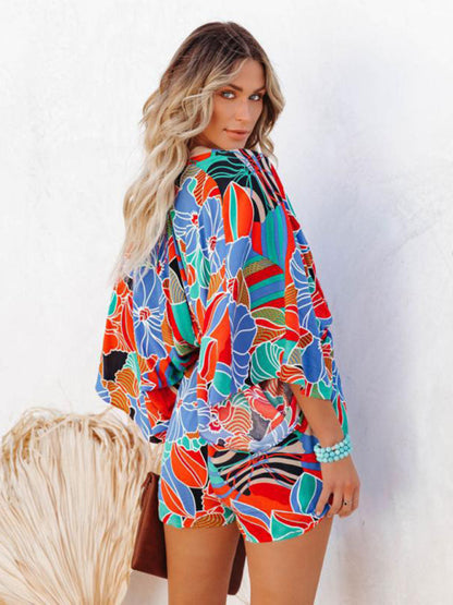 Rompers- Versatile Women's Kimono Romper: Comfortable Jumper Fit, Vibrant Print- - IndioGear Fashion and Gear