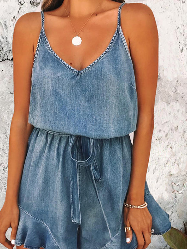 Rompers- Washed Denim Jean Romper - Cotton Jumpsuit- - IndioGear Fashion and Gear