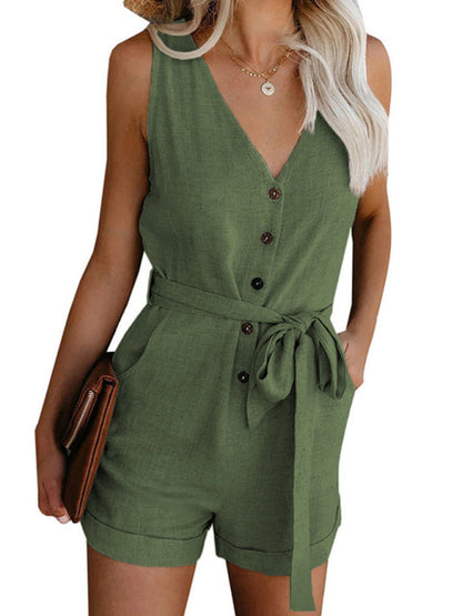 Rompers- Women’s Belt Tie Romper - Jumpsuit with Cuffed Shorts & Pockets- Olive green- Pekosa Women Clothing