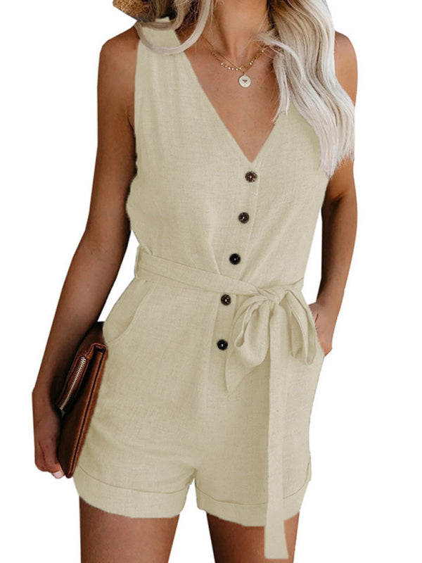 Rompers- Women’s Belt Tie Romper - Jumpsuit with Cuffed Shorts & Pockets- Cracker khaki- Pekosa Women Clothing