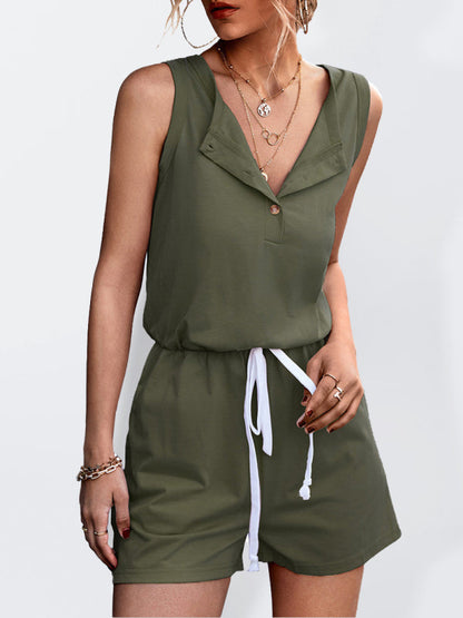 Rompers- Women's Sleeveless Button Casual Romper Jumpsuit- Olive green- IndioGear Fashion and Gear