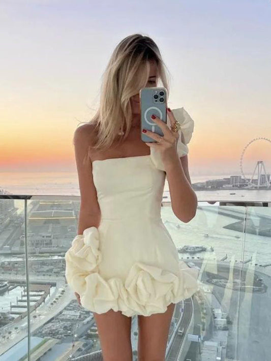 Ruffle Dresses- Elegant Flounce Hem One Shoulder Mini Dress- White- IndioGear Fashion and Gear