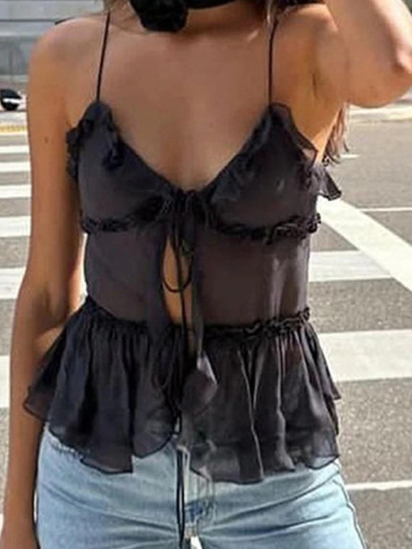 Ruffle Tops- Layers See-Through Ruffle Tie Cami Top for Women- - IndioGear Fashion and Gear