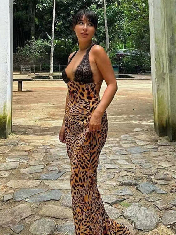 Runway Dresses- Runway Animal Print Plunging Backless Maxi Dress- - IndioGear Fashion and Gear