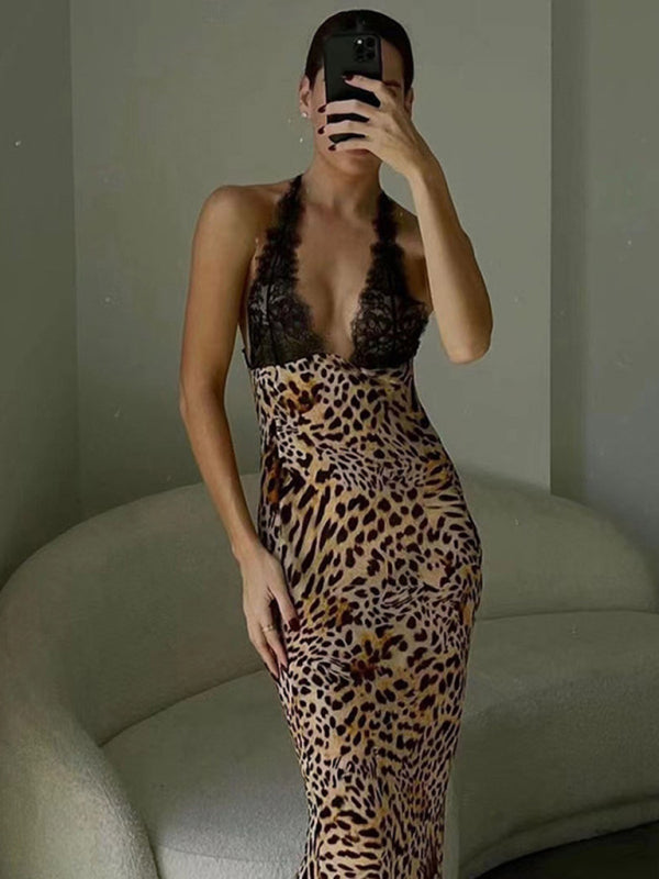 Runway Dresses- Runway Animal Print Plunging Backless Maxi Dress- - IndioGear Fashion and Gear