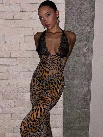 Runway Dresses- Runway Animal Print Plunging Backless Maxi Dress- - IndioGear Fashion and Gear