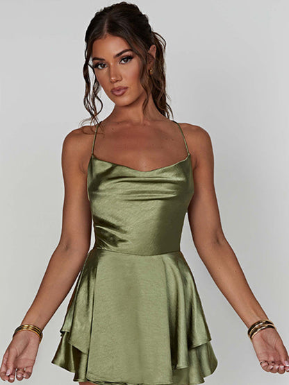 Satin Dresses- Backless Satin Layered Mini Dress with Cowl Neck- - IndioGear Clothing and Gear