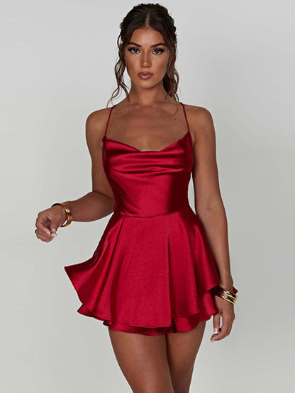 Satin Dresses- Backless Satin Layered Mini Dress with Cowl Neck- - IndioGear Clothing and Gear