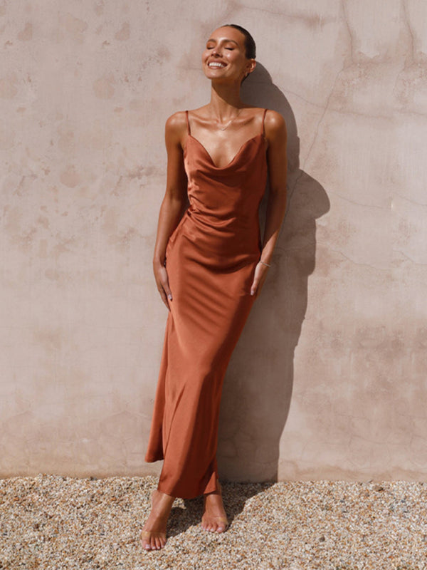 Satin Dresses-Bridesmaid Sleeveless Satin Cowl Neck Slip Maxi Dress-Pekosa Women Clothing