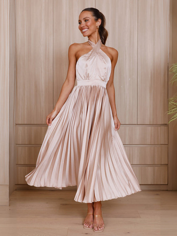 Classy Halter Tie Sleeveless Midi Dress in Satin Pleated Plisse