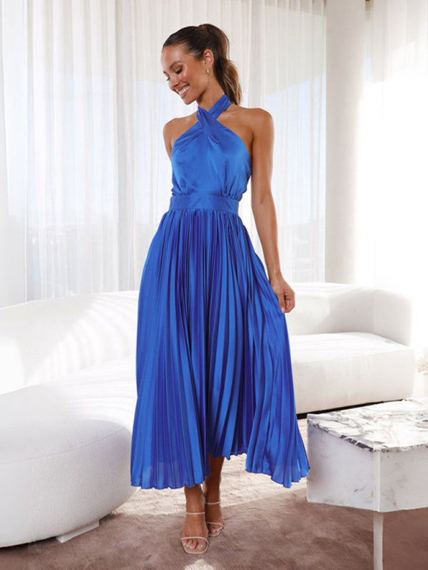 Classy Halter Tie Sleeveless Midi Dress in Satin Pleated Plisse