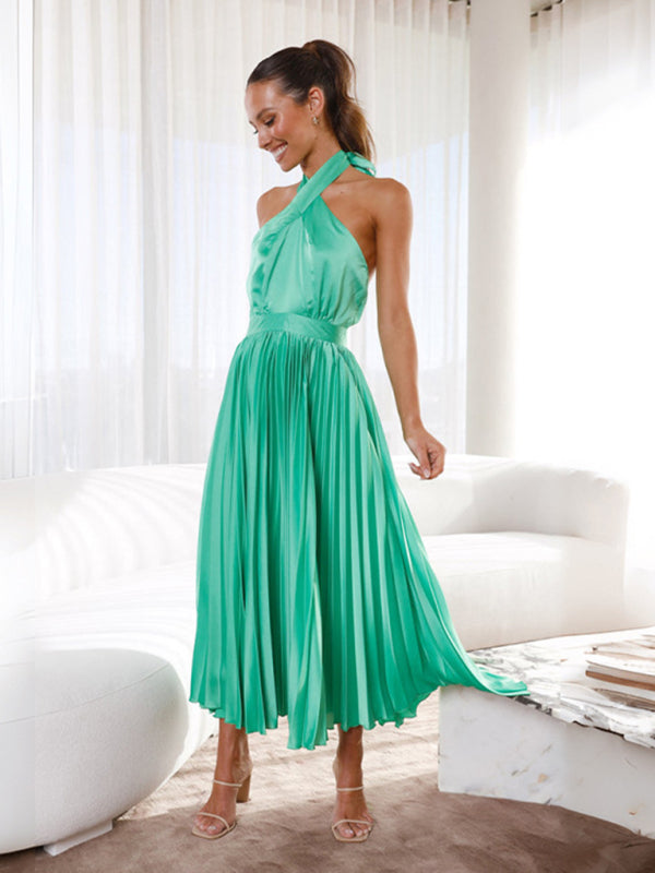 Classy Halter Tie Sleeveless Midi Dress in Satin Pleated Plisse