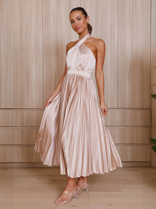 Robe midi chic sans manches à nouer en satin plissé plissé