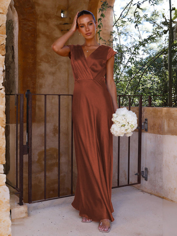 Satin Dresses-Elegant Surplice V-Neck Maxi Dress with Cap Sleeves in Satin-Pekosa Women Clothing