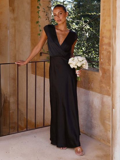 Satin Dresses-Elegant Surplice V-Neck Maxi Dress with Cap Sleeves in Satin-Pekosa Women Clothing