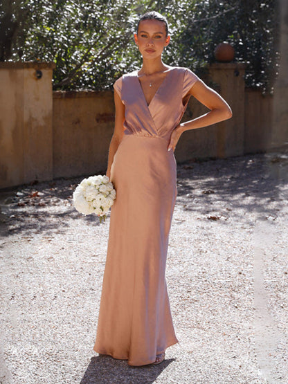 Satin Dresses-Elegant Surplice V-Neck Maxi Dress with Cap Sleeves in Satin-Pekosa Women Clothing