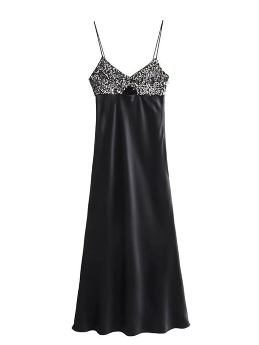 Satin Dresses- Glittering Satin Slip Cami Dress- Black- IndioGear Clothing and Gear