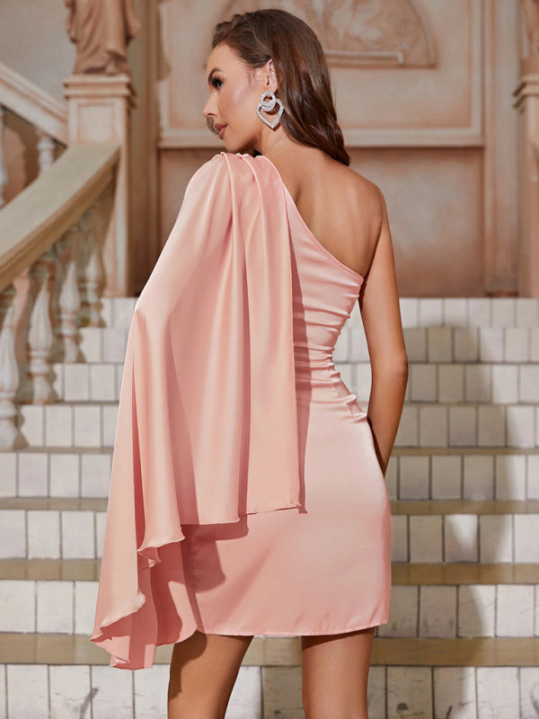 Satin Dresses- Satin Mini Dress with One-Shoulder Cutout and Elegant Cape Sleeve- - IndioGear Clothing and Gear