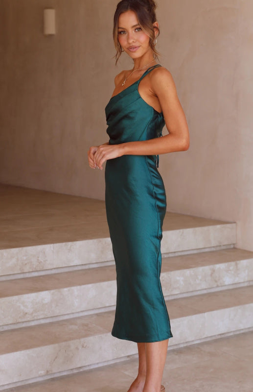 Satin Dresses- Satin One Shoulder Slip Dress with Cowl Back- - IndioGear Fashion and Gear