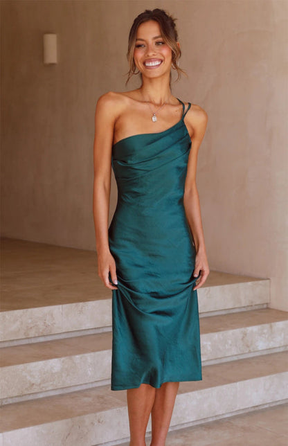 Satin Dresses- Satin One Shoulder Slip Dress with Cowl Back- - IndioGear Fashion and Gear