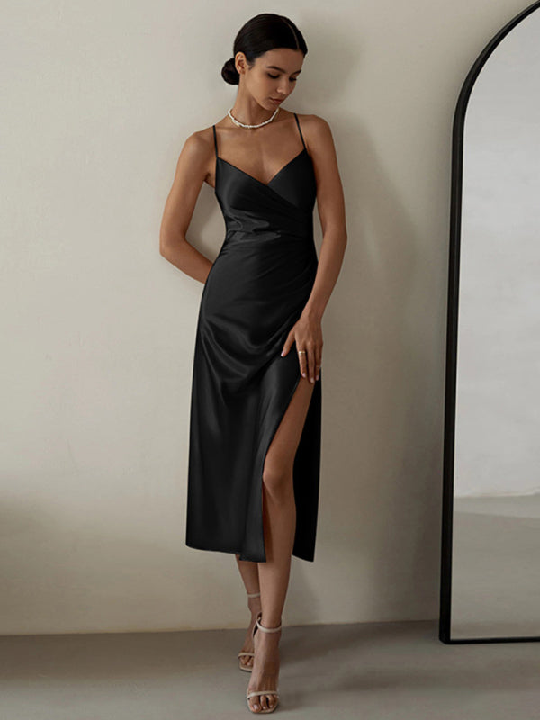 Satin Dresses- Satin Sleeveless Surplice V-Neck Midi Dress with Ruching- - Chuzko Women Clothing