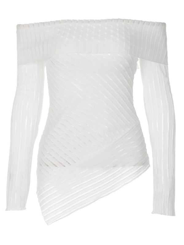 See-Through Tops- Off-The-Shoulder Long Sleeve Asymmetric See-Through Top- - IndioGear Clothing and Gear