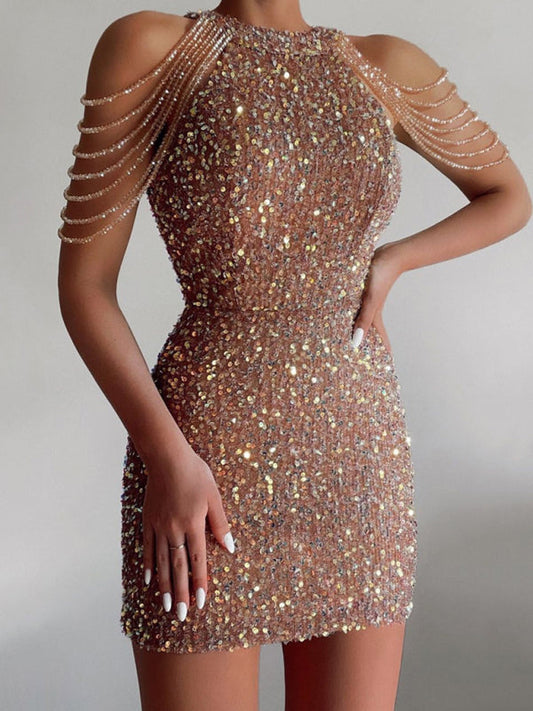 Sequined Dresses- Elegant Sequined Chain Off Shoulders Bodycon Mini Dress- Pink- IndioGear Fashion and Gear