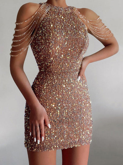 Sequined Dresses- Elegant Sequined Chain Off Shoulders Bodycon Mini Dress- - IndioGear Fashion and Gear