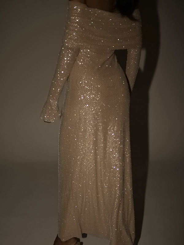 Elegantes, glitzerndes, schulterfreies Maxikleid mit Pailletten und langen Ärmeln