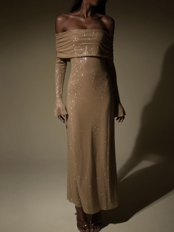 Étincelle élégante avec robe longue à sequins à manches longues et épaules dénudées