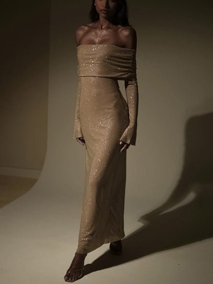 Étincelle élégante avec robe longue à sequins à manches longues et épaules dénudées