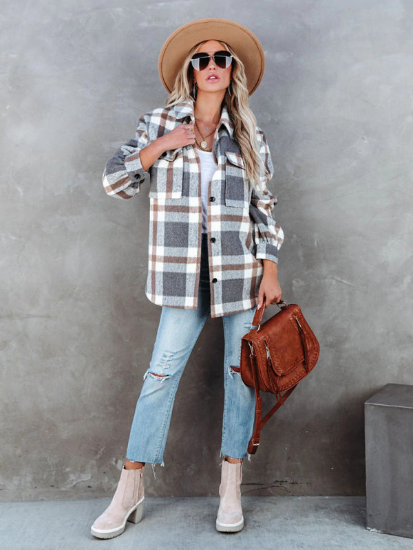 Shackets- Autumn Shacket Bushed Flannel Plaid Mid-Length Shirt Jacket- - IndioGear Clothing and Gear