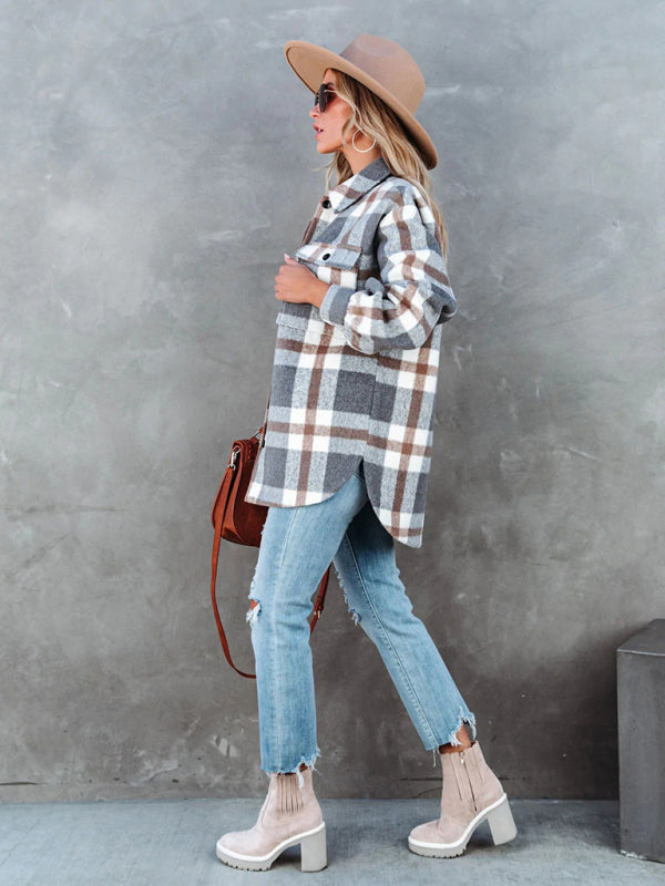 Shackets- Autumn Shacket Bushed Flannel Plaid Mid-Length Shirt Jacket- - IndioGear Clothing and Gear