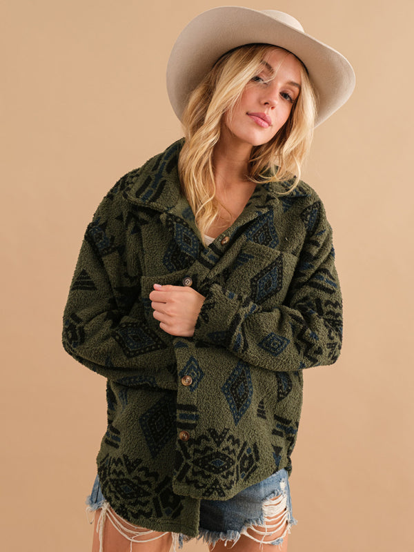 Shackets- Aztec Print Button-Up Collared Fleece Shacket for Chilly Nights- - IndioGear Clothing and Gear