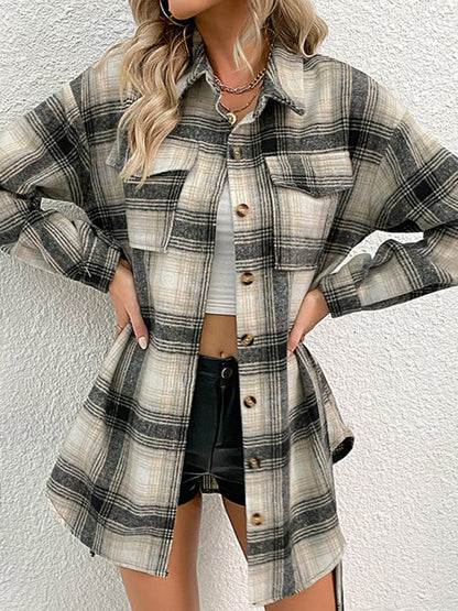 Shackets- Comfy Plaid Jacket - Trendy Shirt Long Shacket- Black- Pekosa Women Clothing