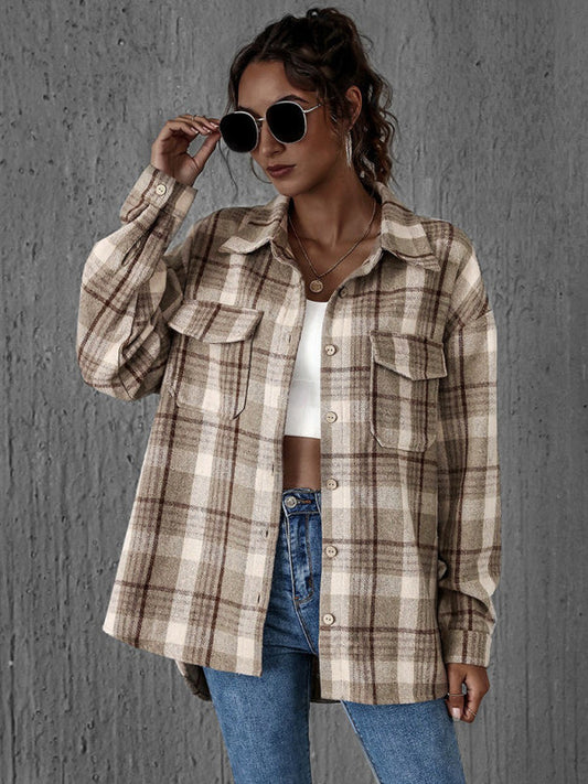 Oversized Casual Warm Tan Plaid Shacket Flannel Shirt Jacket | Shackets | Pekosa Women Clothing