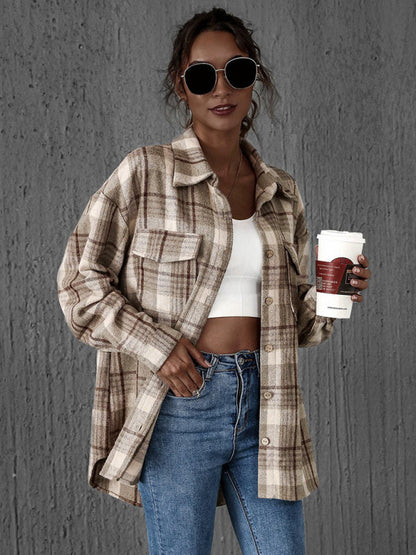 Oversized Casual Warm Tan Plaid Shacket Flannel Shirt Jacket | Shackets | Pekosa Women Clothing